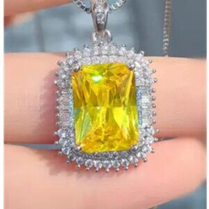 Elegant Rectangle Yellow & White Cubic Zirconia Pendant Statement Necklace